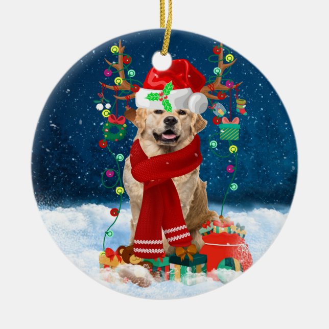 Golden Retriever Dog in Snow with Christmas Gifts  Ceramic Ornament (Front)