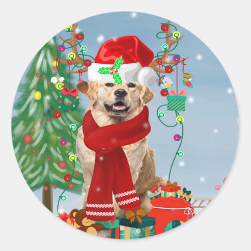 Golden Retriever Dog in Snow with Christmas Gifts Classic Round Sticker