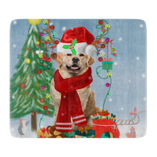 Golden Retriever Dog in Snow with Christmas Gifts Cutting Board