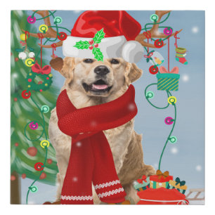Golden Retriever Dog in Snow with Christmas Gifts Faux Canvas Print