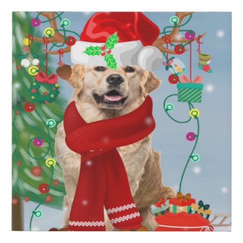 Golden Retriever Dog in Snow with Christmas Gifts  Faux Canvas Print