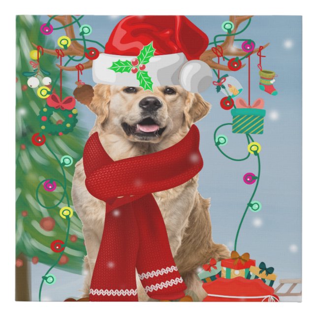 Golden Retriever Dog in Snow with Christmas Gifts  Faux Canvas Print (Front)