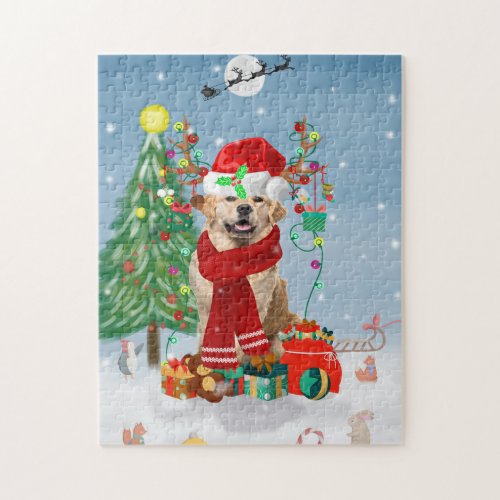 Golden Retriever Dog in Snow with Christmas Gifts  Jigsaw Puzzle