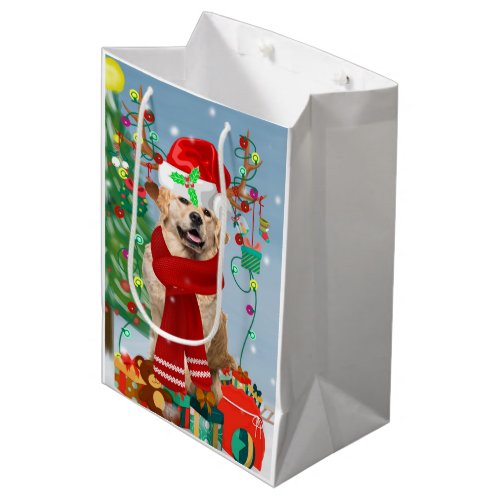 Golden Retriever Dog in Snow with Christmas Gifts  Medium Gift Bag