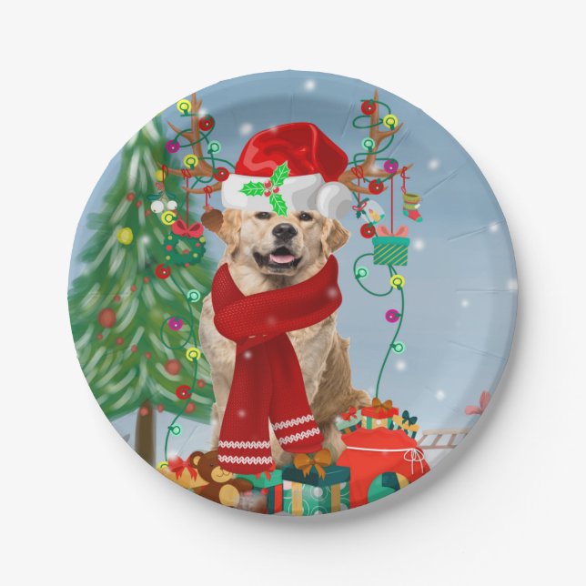 Golden Retriever Dog in Snow with Christmas Gifts Paper Plates (Front)