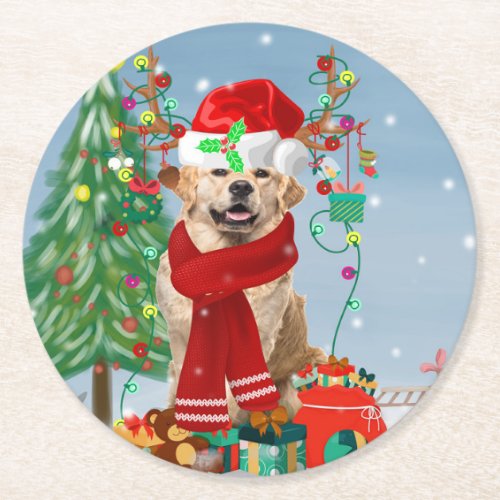 Golden Retriever Dog in Snow with Christmas Gifts  Round Paper Coaster