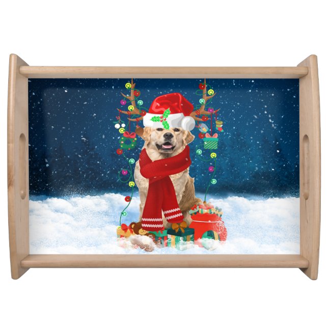 Golden Retriever Dog in Snow with Christmas Gifts  Serving Tray (Front)