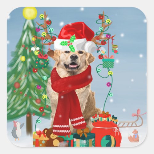 Golden Retriever Dog in Snow with Christmas Gifts  Square Sticker