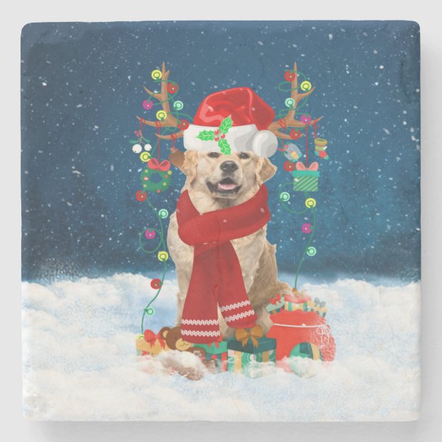 Golden Retriever Dog in Snow with Christmas Gifts  Stone Coaster (Front)