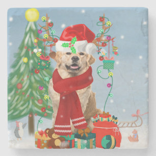 Golden Retriever Dog in Snow with Christmas Gifts Stone Coaster