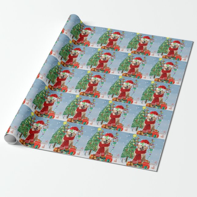Golden Retriever Dog in Snow with Christmas Gifts  Wrapping Paper (Unrolled)