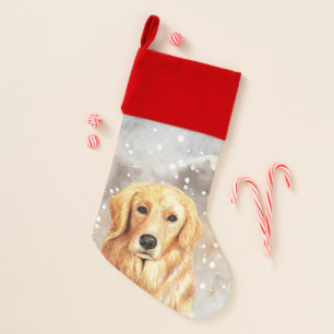 Golden retriever dog in snowfall farmhouse style christmas stocking