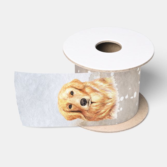 Golden retriever dog in snowfall farmhouse style satin ribbon (Spool)