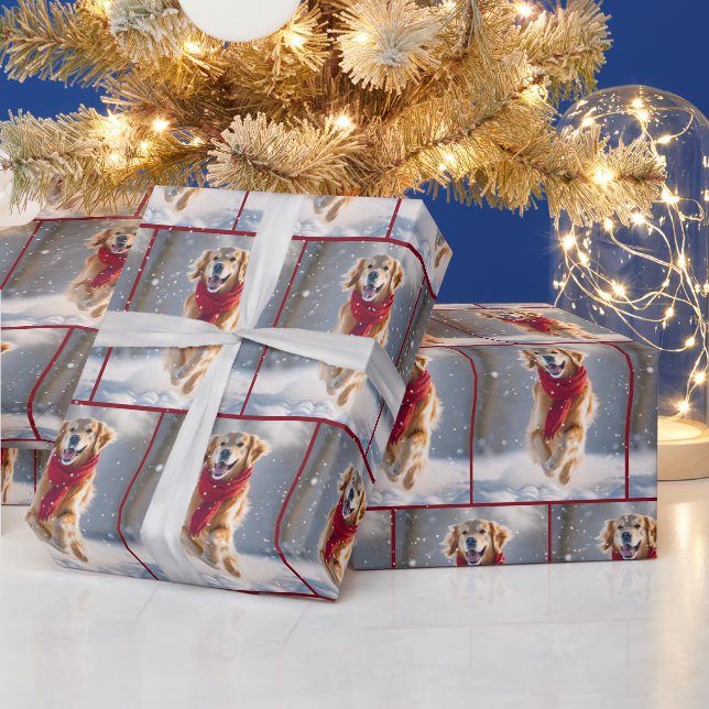 Golden Retriever Dog In Snowflakes Wrapping Paper (Holidays)