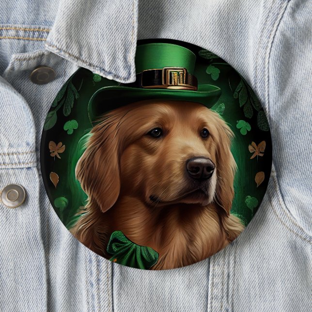 Golden Retriever Dog in St. Patrick's Day Button (In Situ)
