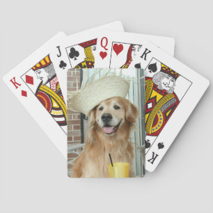 Golden Retriever Dog in Straw Hat Summer Poker Cards