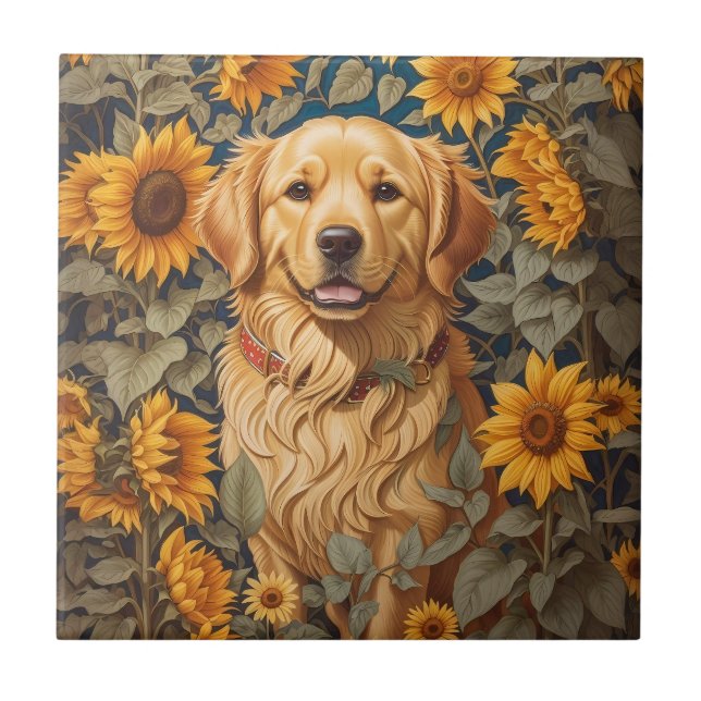Golden Retriever Dog In Sunflower Field  Ceramic Tile (Front)