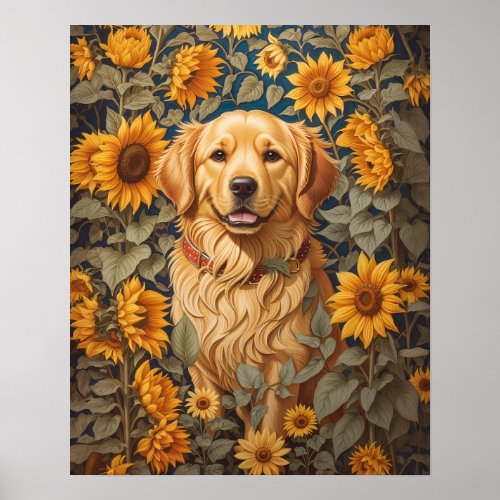 Golden Retriever Dog In Sunflower Field  Poster