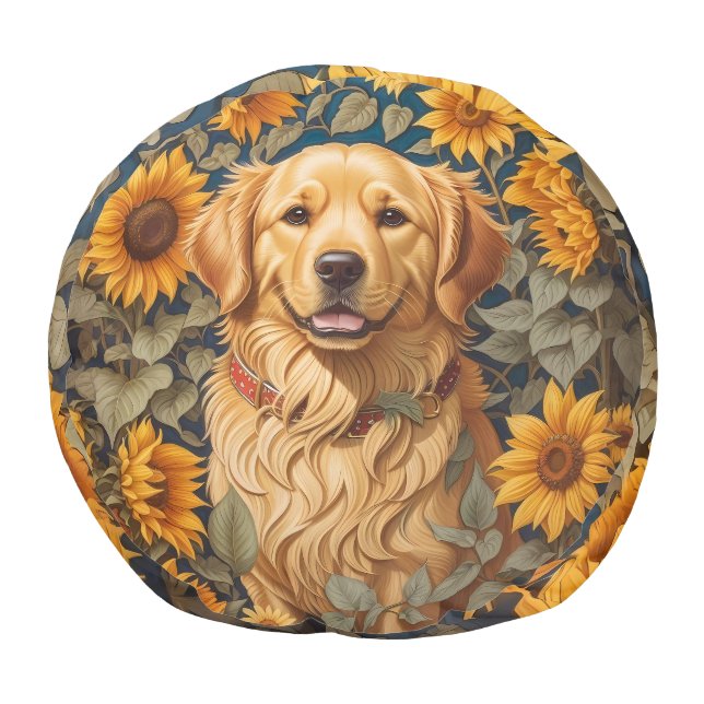 Golden Retriever Dog In Sunflower Field  Pouf (Top)