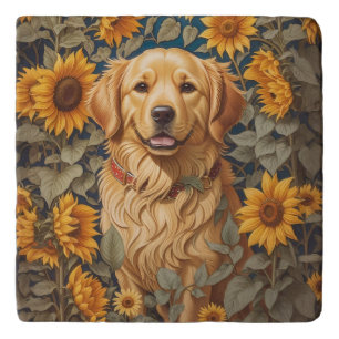 Golden Retriever Dog In Sunflower Field  Trivet