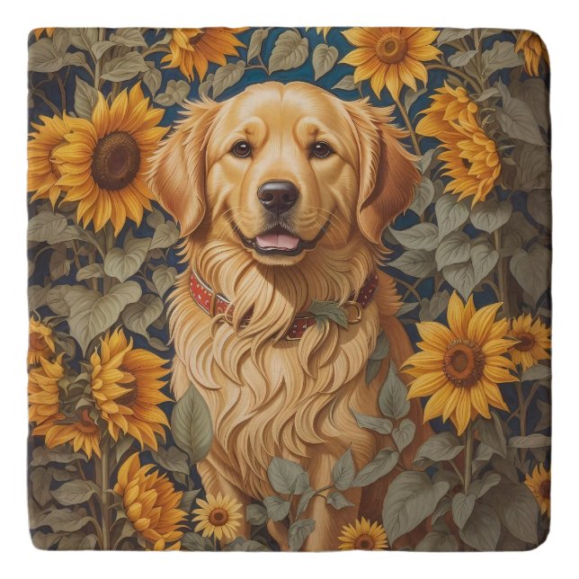 Golden Retriever Dog In Sunflower Field  Trivet (Front)