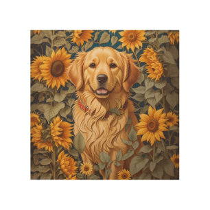 Golden Retriever Dog In Sunflower Field  Wood Wall Art