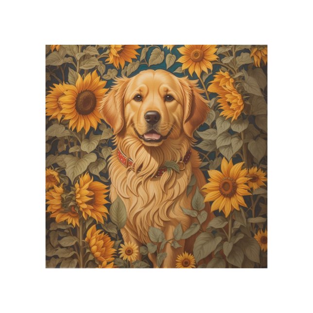 Golden Retriever Dog In Sunflower Field  Wood Wall Art (Front)