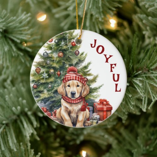 Golden Retriever Dog in Winter Scarf and Hat Ceramic Ornament