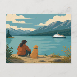 Golden Retriever Dog Lakeside Mountain Ferry Sceni Postcard