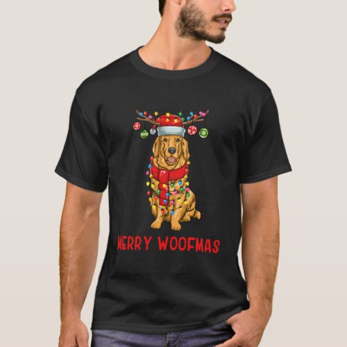 Golden Retriever Dog Lights Merry Woofmas T_Shirt