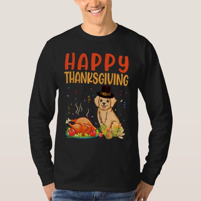 Golden Retriever Dog Look Turkey Meat Happy Thanks T-Shirt (Front)