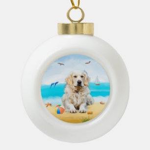 golden retriever Dog on Beach Ceramic Ball Christmas Ornament