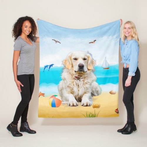 Golden Retriever Dog on Beach Fleece Blanket