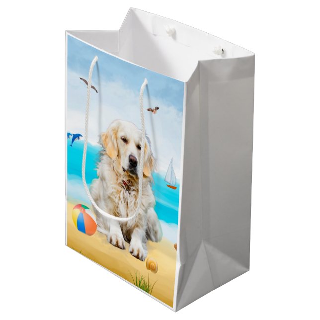Golden Retriever Dog on Beach Medium Gift Bag (Front Angled)