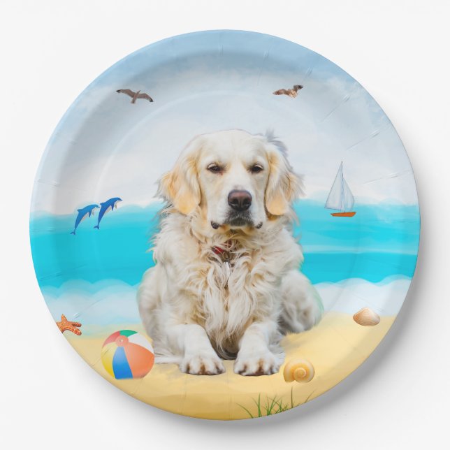 Golden Retriever Dog on Beach Paper Plates (Front)