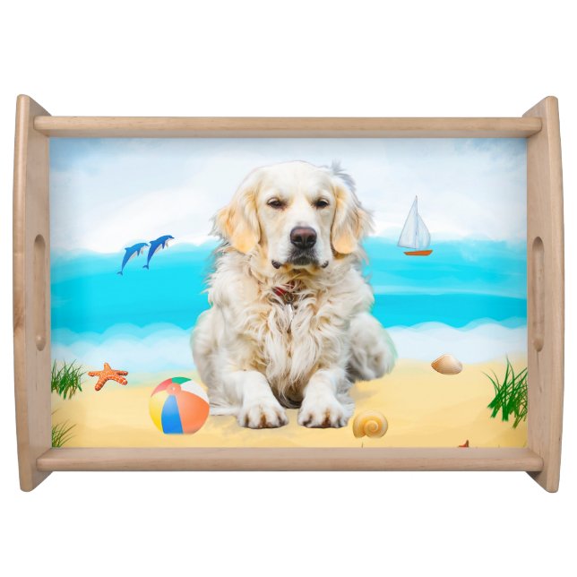 Golden Retriever Dog on Beach Serving Tray (Front)