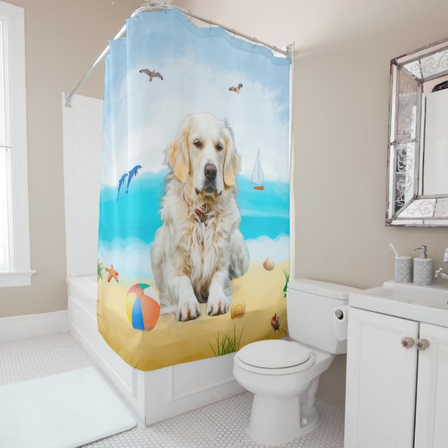 Golden Retriever Dog on Beach Shower Curtain (In Situ)