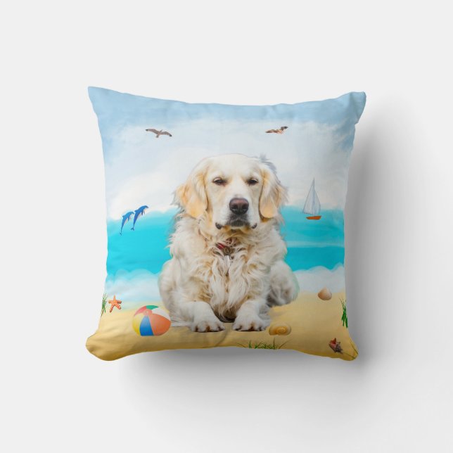 Golden Retriever Dog on Beach Throw Pillow (Front)