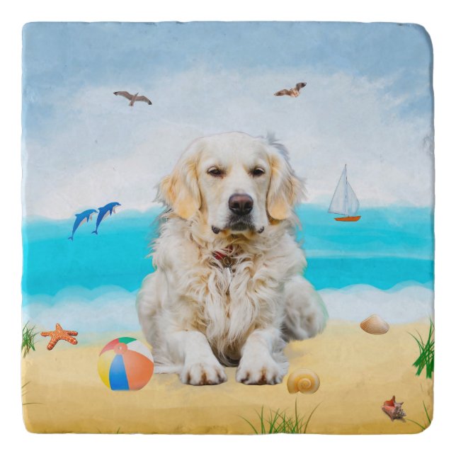 Golden Retriever Dog on Beach Trivet (Front)