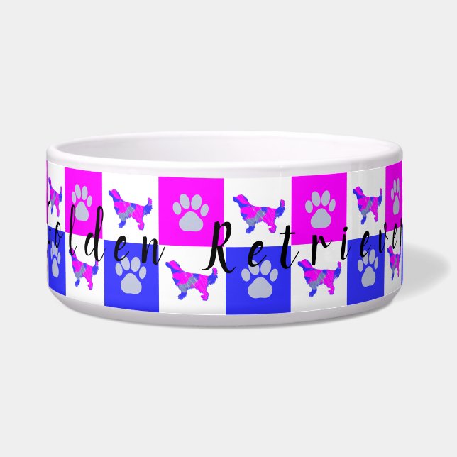 Golden Retriever Dog & Paw Hot Pink &Blue Pet Bowl (Front)