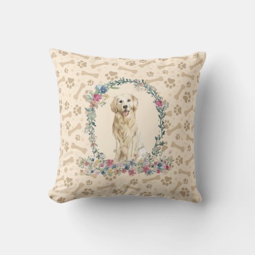 Golden Retriever Dog Paw Print  Floral Cute Throw Pillow