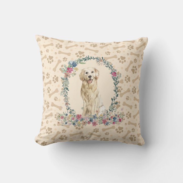 Golden Retriever Dog Paw Print & Floral Cute Throw Pillow (Front)