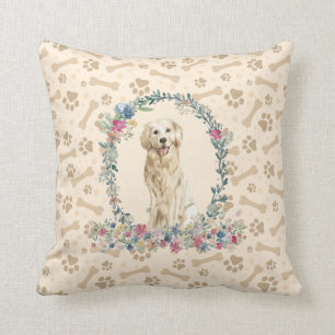 Golden Retriever Dog Paw Print & Floral Cute Throw Pillow