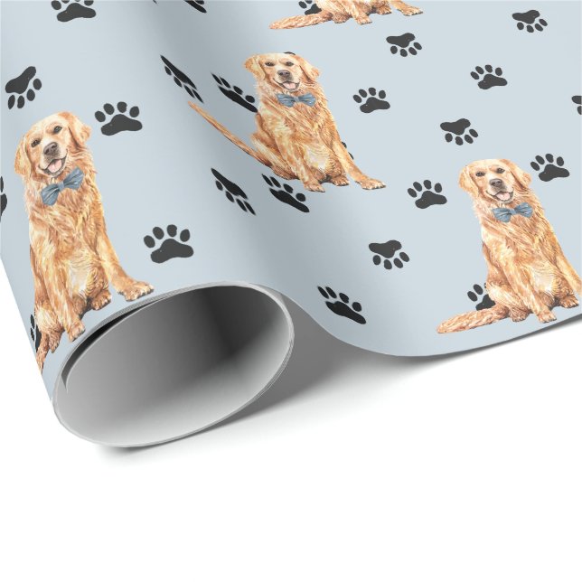Golden Retriever Dog Paw Print Pattern on Silver Wrapping Paper (Roll Corner)