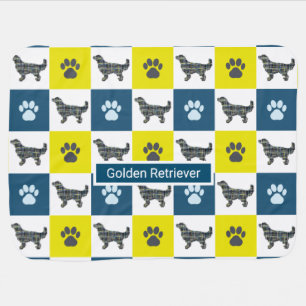 Golden Retriever Dog & Paw Print Y&B Grid Baby Blanket