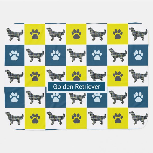 Golden Retriever Dog & Paw Print Y&B Grid Baby Blanket (Horizontal)