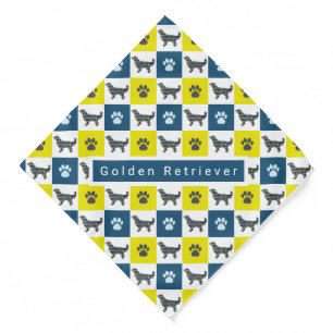 Golden Retriever Dog & Paw Yellow & Blue Grid Bandana