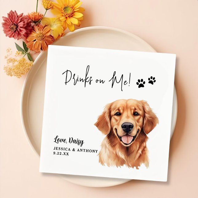 Golden Retriever Dog Personalized Drinks On Me Napkins (Creator Uploaded)