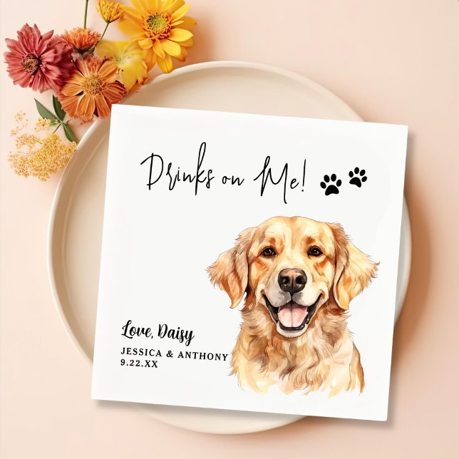 Golden Retriever Dog Personalized Drinks On Me Napkins (Creator Uploaded)