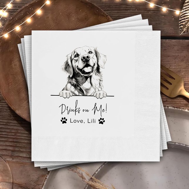 Golden Retriever Dog Personalized Drinks On Me Napkins (Creator Uploaded)